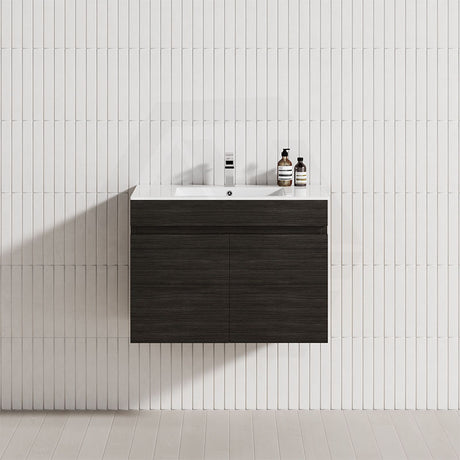 Stylish 750mm wall-hung vanity in Shannon Oak, featuring 2 cabinet doors
