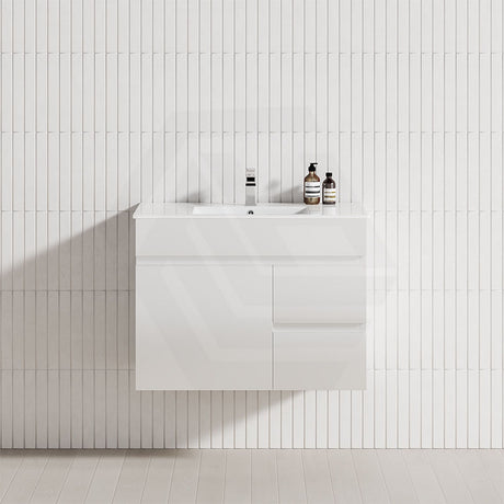 Gloss white floating bathroom vanity, mounted on the wall