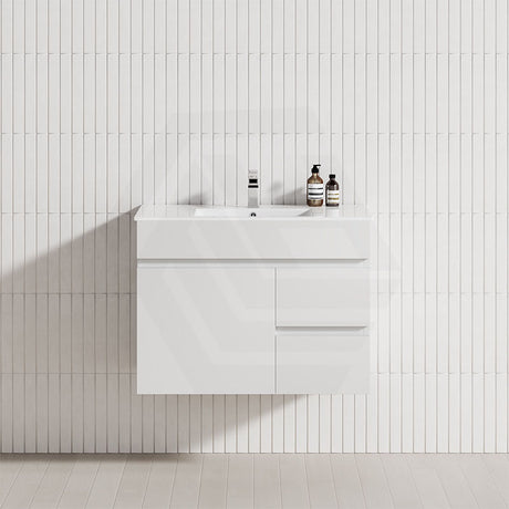750mm matt white floating vanity featuring two drawers, and one door, perfect for a stylish bathroom