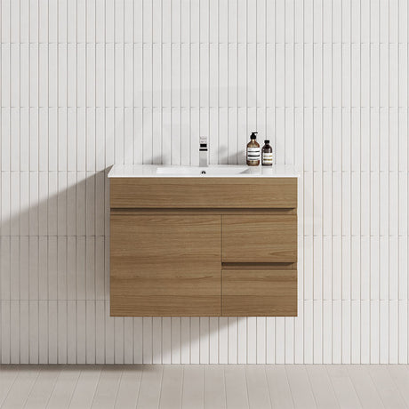 Wall-hung bathroom vanity in Tasmanian Oak with a door and 2 right drawers