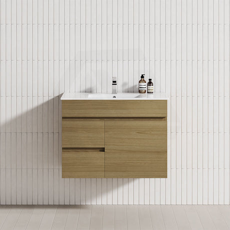 750mm Narrow Wall Hung Bathroom Floating Vanity 2-Drawer 1-Door in Cabinet Prime Oak