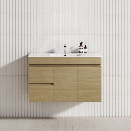 MCH 900mm Tuross Oak Wall Hung Vanity with Left Side Drawers