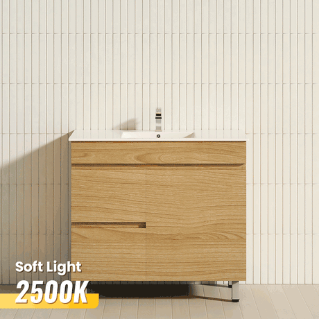 600-1500mm Berge Freestanding Bathroom Floor Vanity White Oak Wood Grain PVC Filmed Cabinet ONLY
