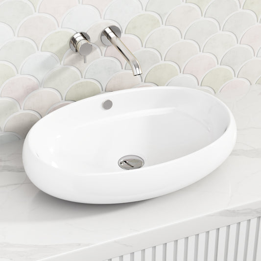 600x400x150mm Bathroom Oval Above Counter Gloss White Ceramic Top Basin
