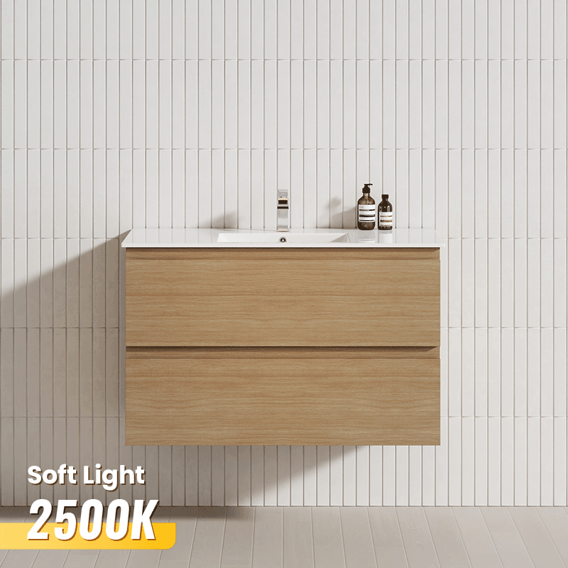 600-1500mm Wall Hung Bathroom Floating Vanity White Oak Wood Grain PVC Filmed Drawers Cabinet ONLY&Ceramic/Poly Top Available