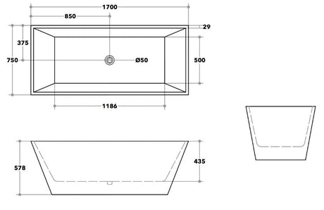 1200/1400/1500/1700mm Qubist Square Bathtub Freestanding Acrylic Gloss White No Overflow 1700mm