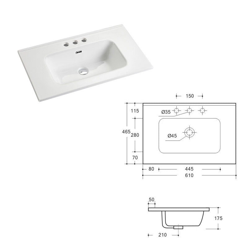 610x465x175mm O Shape Ceramic Top for Bathroom Vanity Single Bowl 1 or 3 Tap Holes available Gloss White