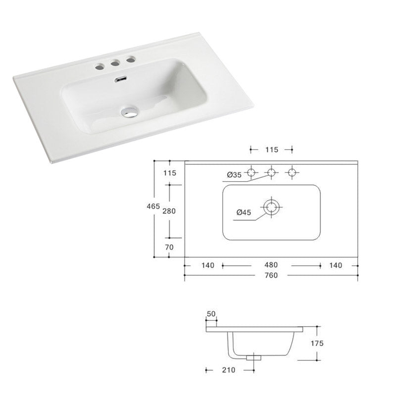 760x465x175mm O Shape Ceramic Top for Bathroom Vanity Single Bowl 1 or 3 Tap Holes available Gloss White