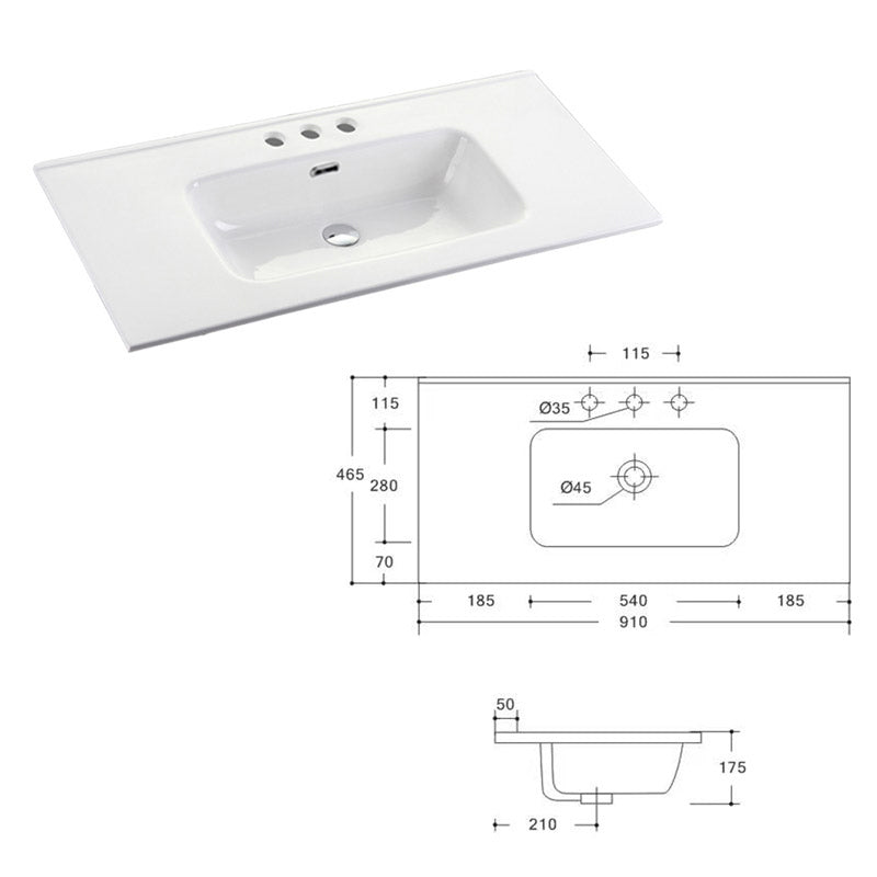 910x465x175mm O Shape Ceramic Top for Bathroom Vanity Single Bowl 1 or 3 Tap Holes available Gloss White