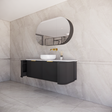 600-1500mm Houston Matt White/Black Plywood Curved Wall Hung Vanity With Variant Color Handle
