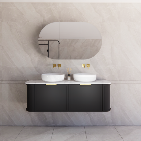 600-1500mm Houston Matt White/Black Plywood Curved Wall Hung Vanity With Variant Color Handle