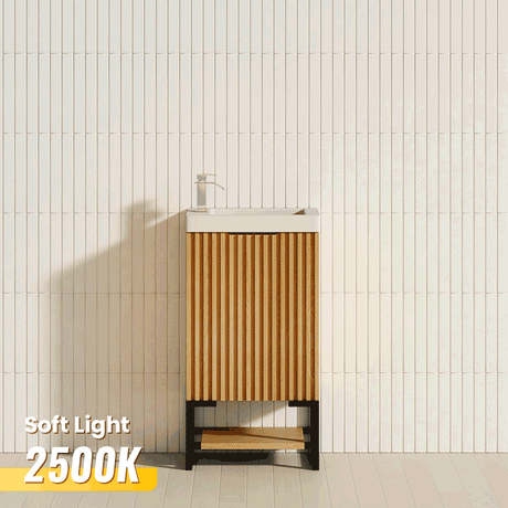 450X250X830Mm Vienna American Oak Fluted Freestanding One Door Mini Vanity With Overflow Poly Top