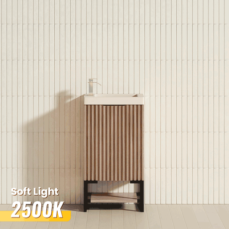 450X250X830Mm Vienna White Oak Fluted Freestanding One Door Mini Vanity With Overflow Poly Top