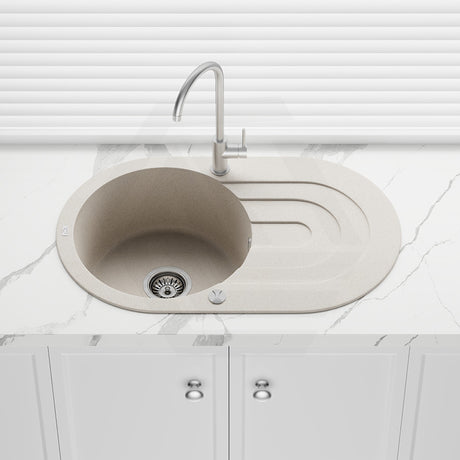 780x470x204mm Laveo Dafne Granite Single Bowl Stone Kitchen Sink with Drain Board Beige/Grey