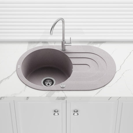 780x470x204mm Laveo Dafne Granite Single Bowl Stone Kitchen Sink with Drain Board Beige/Grey