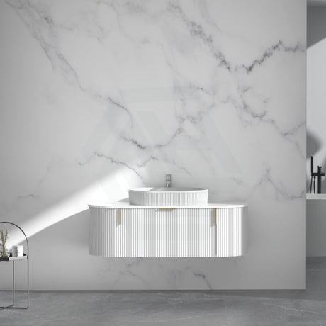 750-1200mm Carysil Matt White Plywood Wall Hung Floating Vanity Fluted with 12 O'clock Tap Hole & Center Waste Hole Stone Top Brushed Gold Handle