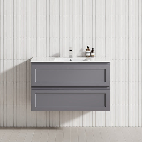 600-1500Mm Wall Hung Pvc Vanity With Matt Grey Finish For Bathroom Cabinet Only&Ceramic/Poly Top