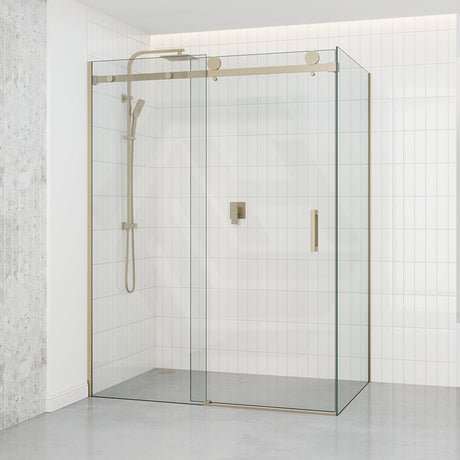 G#9(Gold) 1180-2000x2000mm Sliding Shower Screen L Shape Frameless Light Gold Square Handle 10mm Glass