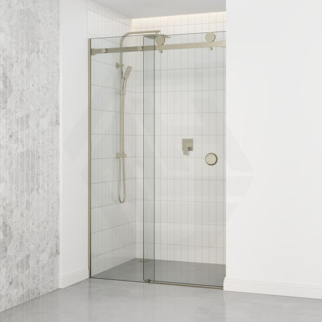 870-1180x2000mm Wall to Wall Sliding Shower Screen Frameless Variant Colour Stainless Steel Square Rail 10mm Glass Round Handle