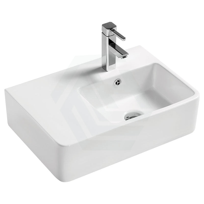 Fienza 575x400x163mm Delta Care Rectangle Gloss White Wall Hung Ceramic Left / Right Bowl Basin One Tap Hole