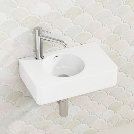 Fienza 600x425x150mm Reba Rectangle Gloss White Wall Hung Ceramic Left / Right Bowl Basin