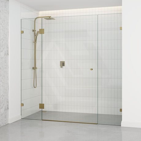 Tempered Glass Frameless Shower Screen Wall To Wall 3 Panels Brushed Gold