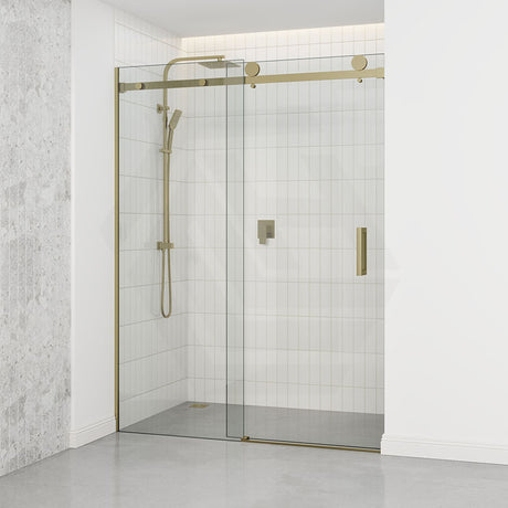 Tempered Glass Wall To Wall Sliding Shower Screen Frameless Square Handle Brushed Gold