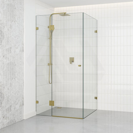 Tempered Glass Frameless Shower Screen L Shape Hinges Door Panel Brushed Gold