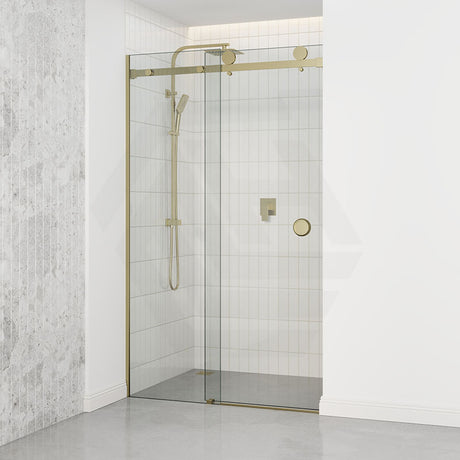 Tempered Glass Wall To Wall Sliding Shower Screen Frameless Round Handle Brushed Gold