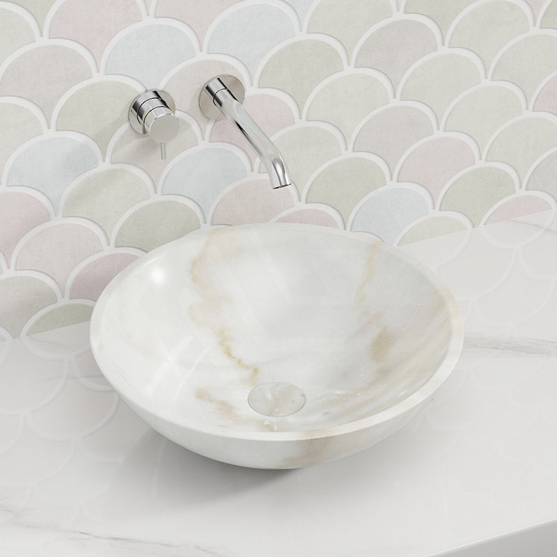 420X420X140Mm Round Above Counter Basin White Marble Surface Bathroom Stone Wash Basins