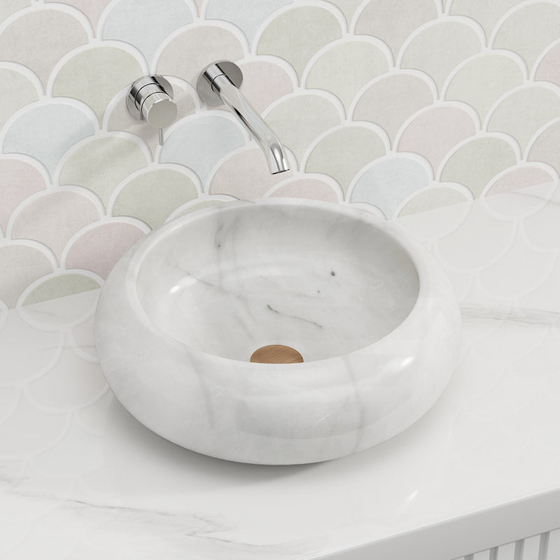 420X420X140Mm Above Counter Stone Basin Round White Marble Surface Bathroom Wash