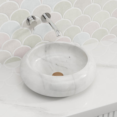 420X420X140Mm Above Counter Stone Basin Round White Marble Surface Bathroom Wash