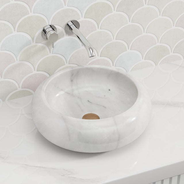 420X420X140Mm Above Counter Stone Basin Round White Marble Surface Bathroom Wash