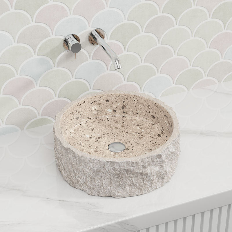 420X420X140Mm Above Counter Basin Marble Surface Bathroom Round Stone Wash Vintage Antique