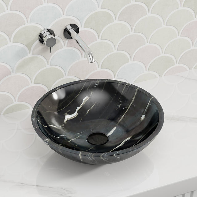 420X420X140Mm Gloss Black Marble Stone Wash Basin Nero Marquina Round