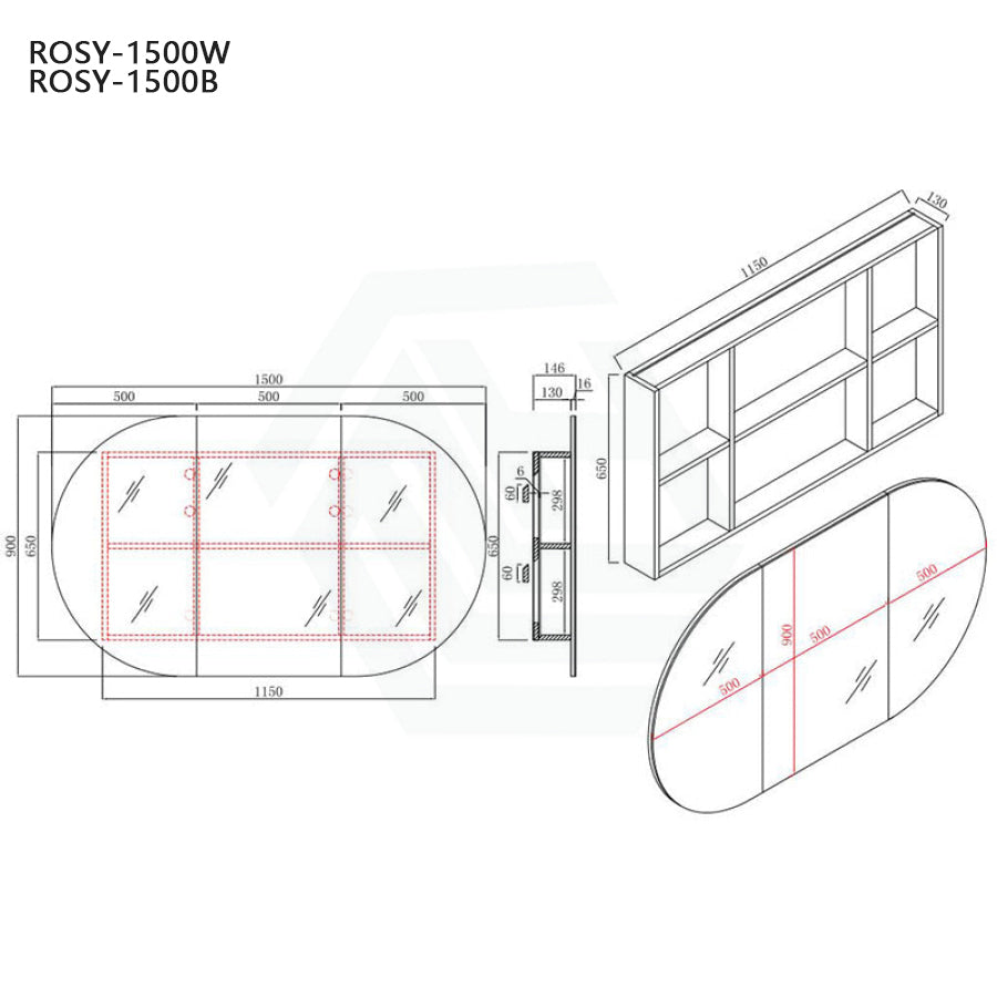 750/900/1200/1500Mm Rosy Oval Wall Hung Plywood Shaving Cabinet Semi Matt White Pencil Edge Mirror