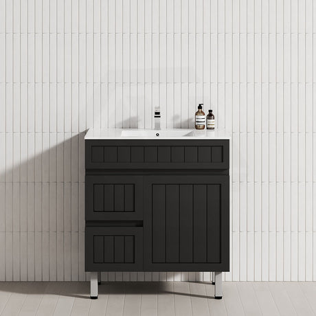Lukka 750mm Archill Freestanding With Legs Vanity PVC Board Matt Black Linear Surface Left Hand Drawers