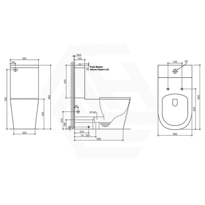 Lukka Hadden 800x360x865mm Rimless Flush Back To Wall Care Toilet Suite with Blue/Grey Toilet Seat & Flush Button