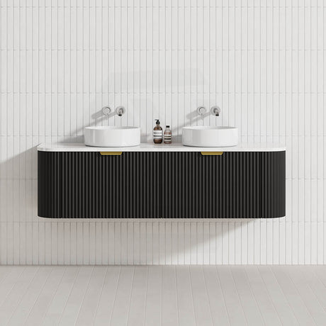600-1800mm Lukka Agena Matt White/Black Wall Hung Bathroom Fluted PVC Vanity with Soft Closing Drawers Curve Edge