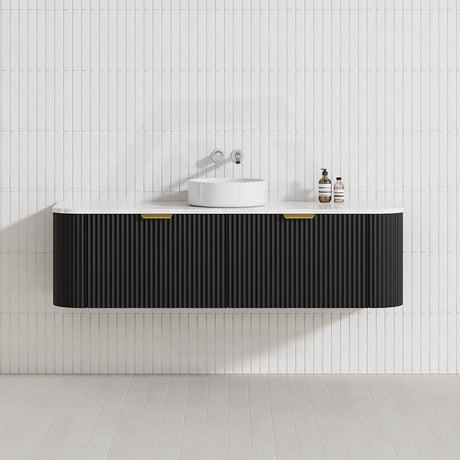 600-1800mm Lukka Agena Matt White/Black Wall Hung Bathroom Fluted PVC Vanity with Soft Closing Drawers Curve Edge