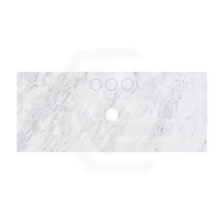 18mm Thick Lukka Carrara White Marble Vanity Top with Center Waste Hole, 605-1505mm, Semi-Drilled Tap Hole at 12/10/2 O'clock Positions