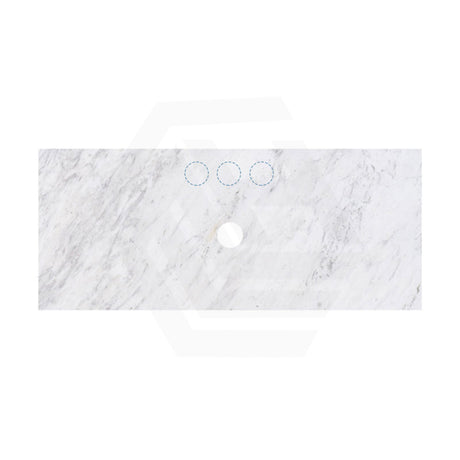 18mm Thick Lukka Carrara White Marble Vanity Top with Center Waste Hole, 605-1505mm, Semi-Drilled Tap Hole at 12/10/2 O'clock Positions