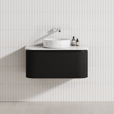 Lukka 600-1800mm Estella Matt White/Black Modern Wall Hung Fluted PVC Vanity With Soft Closing Side Drawers Curve Edge