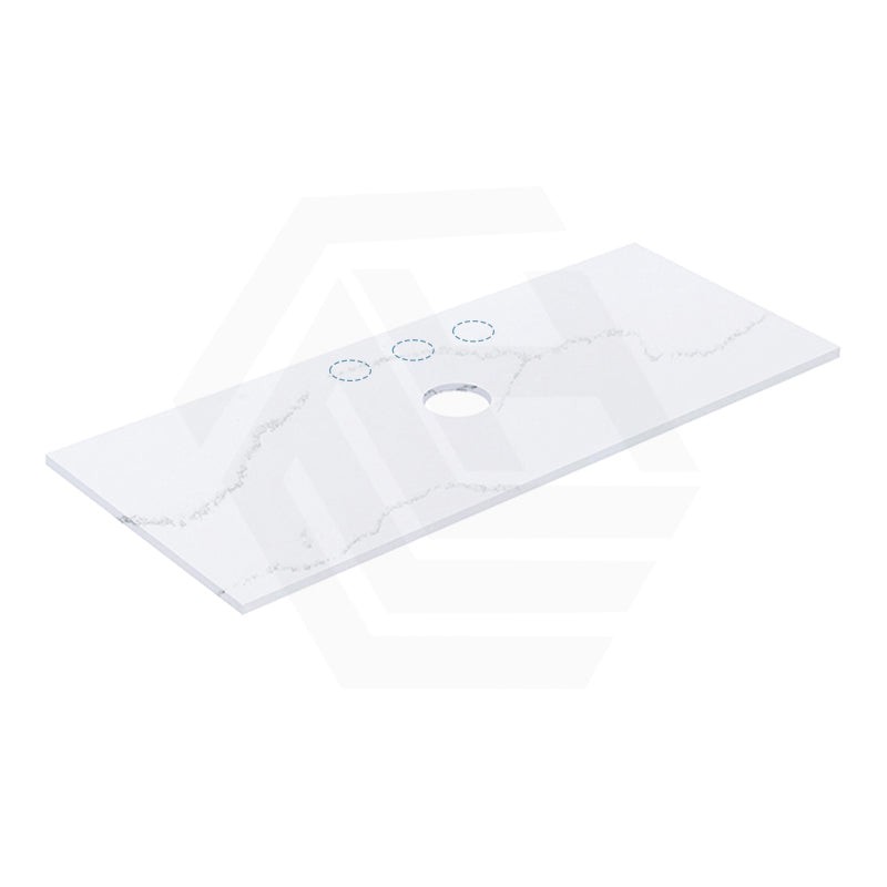 12mm Thick Lukka Calacatta White Solid Surface Stone Vanity Top with Center Waste Hole, 605-1505mm, Semi-Drilled Tap Hole at 12/10/2 O'clock Positions at Back