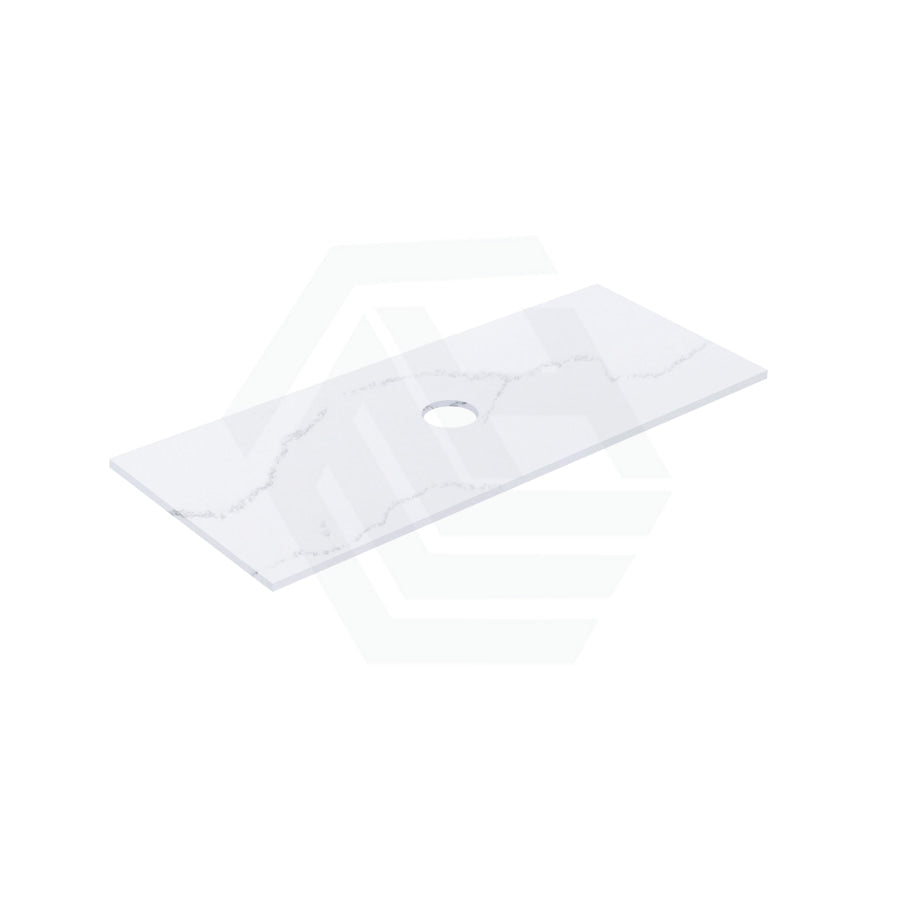 12mm Thick Lukka Calacatta White Solid Surface Stone Vanity Top with Center Waste Hole, 605-1505mm, Semi-Drilled Tap Hole at 12/10/2 O'clock Positions at Back