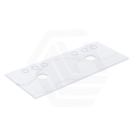 12mm Thick Lukka Calacatta White Solid Surface Stone Vanity Top with Center Waste Hole, 605-1505mm, Semi-Drilled Tap Hole at 12/10/2 O'clock Positions at Back