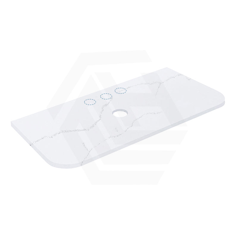 12mm Thick Lukka Calacatta White Solid Surface Stone Vanity Top with Curved Edge, Center Waste Hole, 605-1805mm, Semi-Drilled Tap Hole at 12/10/2 O'clock Positions at Back