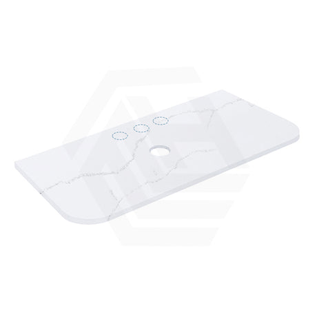 12mm Thick Lukka Calacatta White Solid Surface Stone Vanity Top with Curved Edge, Center Waste Hole, 605-1805mm, Semi-Drilled Tap Hole at 12/10/2 O'clock Positions at Back
