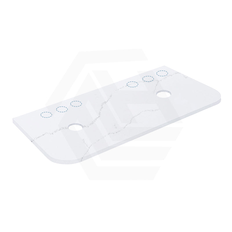 12mm Thick Lukka Calacatta White Solid Surface Stone Vanity Top with Curved Edge, Center Waste Hole, 605-1805mm, Semi-Drilled Tap Hole at 12/10/2 O'clock Positions at Back