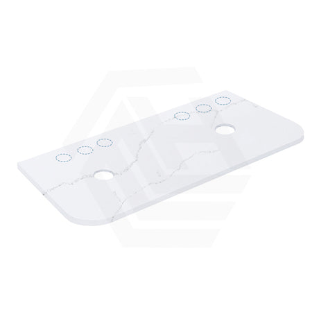 12mm Thick Lukka Calacatta White Solid Surface Stone Vanity Top with Curved Edge, Center Waste Hole, 605-1805mm, Semi-Drilled Tap Hole at 12/10/2 O'clock Positions at Back